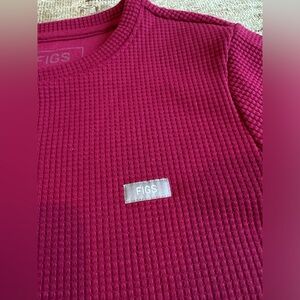 FIGS Deep Cranberry Waffle-Knit Crew Long Sleeve Top S